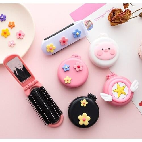 Fancy Cartoon Flower Girl Portable Comb Elegant Flower Air Cushion Comb With Makeup Mirror Folding Comb Pocket Cosmetic Mirror