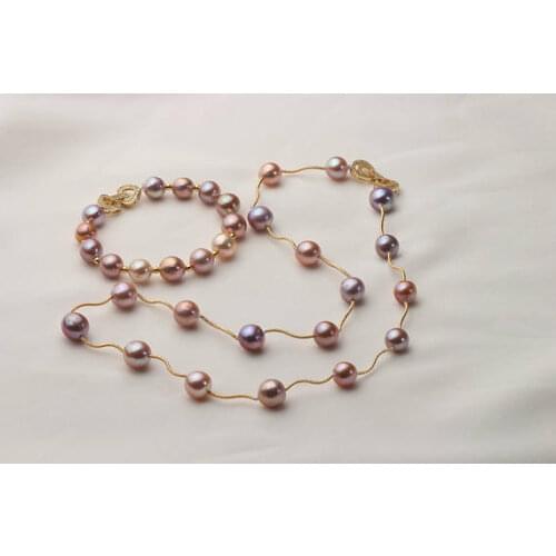 Charming Pearl Jewellery Set Lavender Color 9-10mm Freshwater Pearl Necklace Bracelet