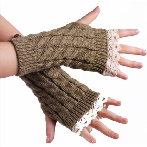 Women Winter Cable Knit Half Finger Gloves Lace Patchwork Fingerless Mittens 649C