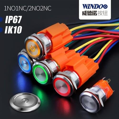 WINDOO 19mm flat head push button switch locked Latching or Momentary Push Button waterproof LED metal switch