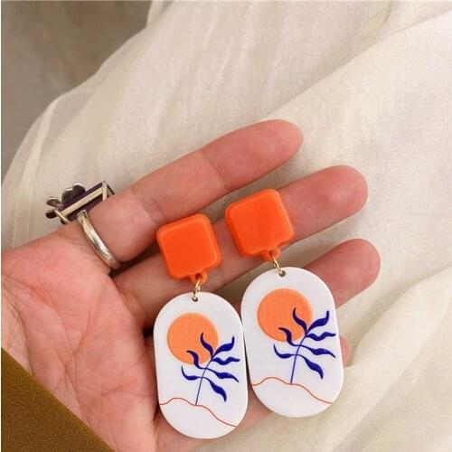 Geometric Holiday Wind Coconut Tree Fruit Print Dangle Acrylic Printed Flower Earring Women Girl Earrings