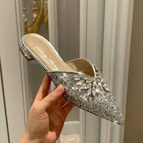 Rhinestone Shinning Silver slippers new Fashion women flip flop outside beach shoe diamond flat heels pointed Toe sandals