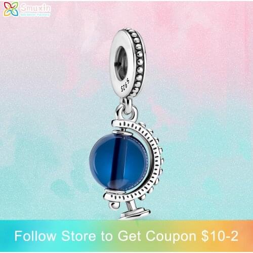 Smuxin 925 Sterling Silver Charm Blue Globe Dangle Charm fit Original Pandora Bracelets for Women Jewelry Bracelet DIY Charm