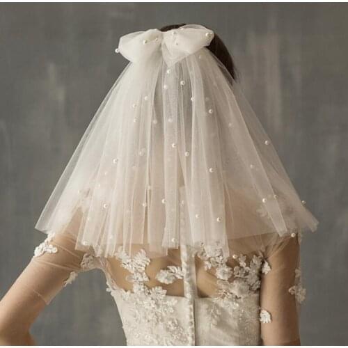 2T Wedding Veil Short Tulle Bow Bridal Veils With Comb Cheap Ivory Pearls White Bride Veils Wedding Accessories