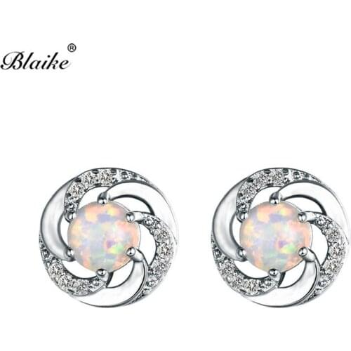 Blaike White Fire Opal Unique Windmill Stud Earrings for Women Wedding Silver Color Stone Earrings Fashion Jewelry