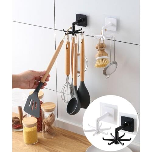 360° Rotatable Six-jaw Wall Hooks Organizer Weighing Hook Punch-free Waterproof Stickers Kitchen Utensils Hanger Bathroom Rack