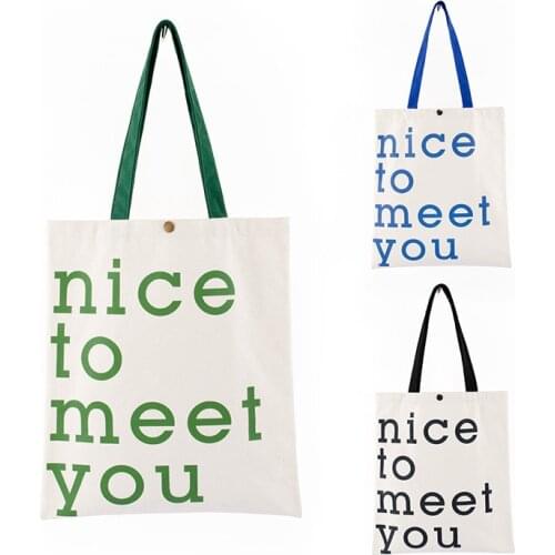 Women Shoulder Canvas Tote Bag Reusable Shopping Bag Cotton Fabric Handbag for Ladies 2021 Summer Nice To Meet You Letters Print