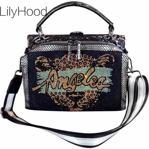Women Fashion Diamonds Vegan Leather Messenger Bag 2021 Female Artificial Luxury Design Rhinestone Tiger Pattern Black Handbag