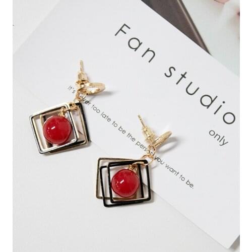 Womens Fashion jewelry Earrings DIY Statement Geometric Circles Square Red Simulated-pearl Drop Earrings Women Jewelry earring