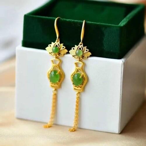 Super Fairy Retro Style Tassel Earrings Womens Sterling Silver Plated Gold Inlaid Hetian Jade Green Jade Earrings Long Temperam