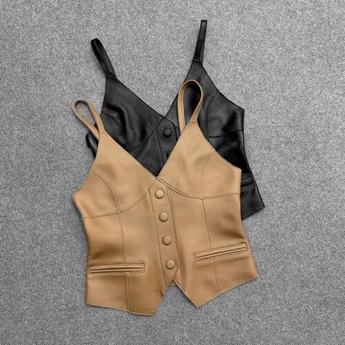 Spring Autumn Womens High Quality sheepskin Real Vest Fashion Genuine leather V-neck waistcoat C631