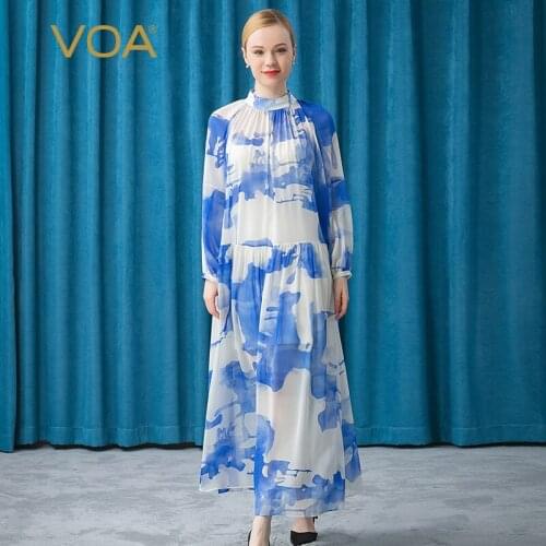 VOA Silk Half High Collar Perspective Plain Elegant Insert Shoulder Shirt Long Sleeve Loose Waist Ink Blue Long Skirt AE655