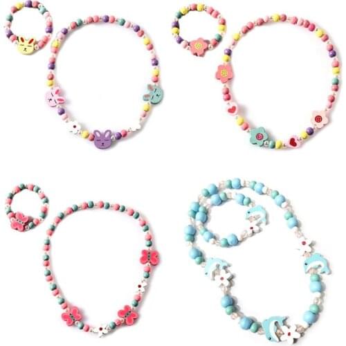 1 Set Children Kids Mix Color Wooden Beads Necklace Bracelet Girls Princess Jewelry Gifts