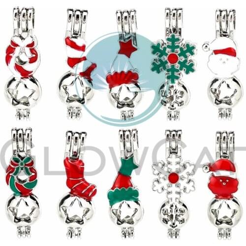 10X Mixed Colors Enamel Christmas Tree Boots Snowflake Beads Cage Perfume Essential Oil Diffuser Pearl Cage Locket Pendant