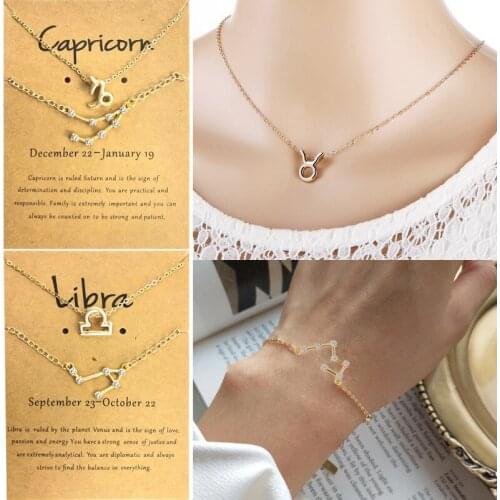 12 Constellation Necklaces Rhinestone Bracelet Sets Constellation Paper Card Jewellery Set Fashionable Gifts for Women Lovers