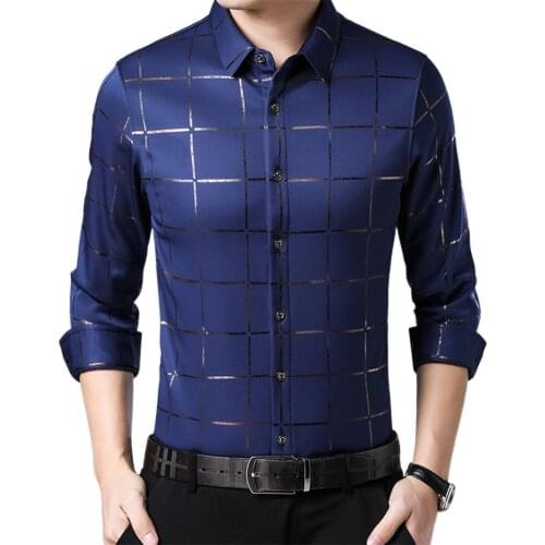 60%HOTCamiseta masculina casual de mangas compridas de manga comprida com gola xadrez slim fit de cor sólida