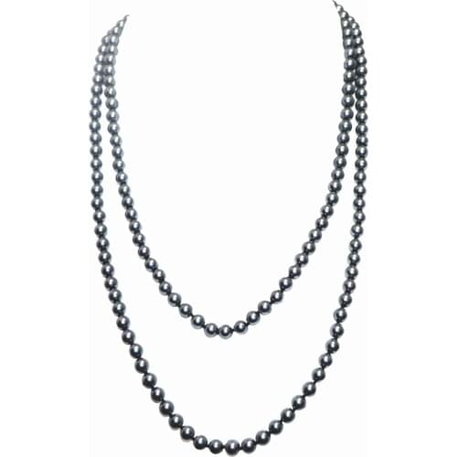 Long Chain Necklace Dark Gray Round Simulated Glass Pearl Beads Necklaces Faux Matte Pearls Shell Multilayer Necklaces 56" A944