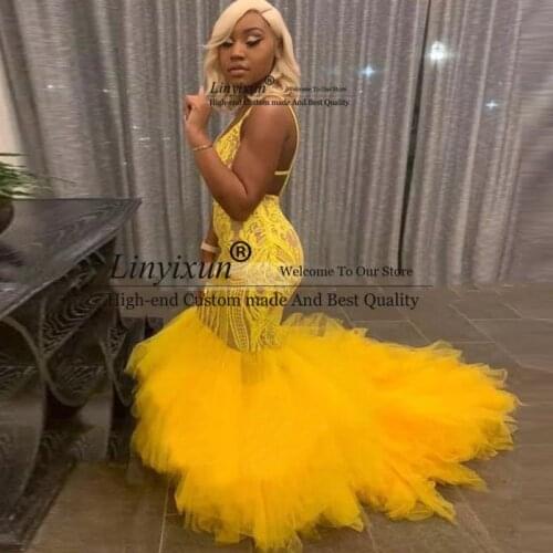 Long Black Girl Mermaid Yellow Prom Dresses 2021 Back Out V Neck Sequins Formal Evening Party Gowns Sexy robes de soirée