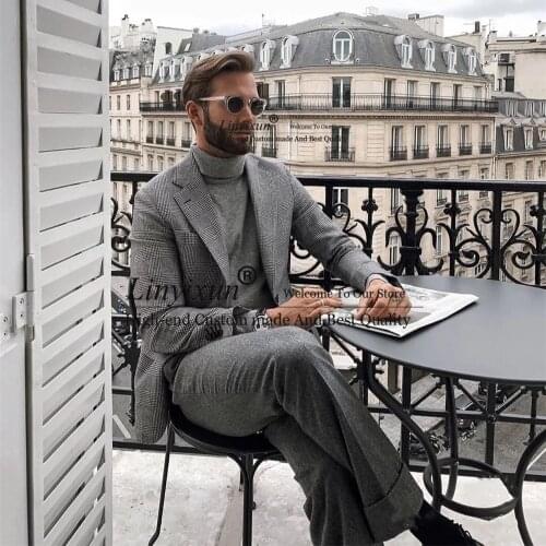Grey Pinstripe Mens Slim Fit Suit Peak Lapel Casual Blazer sets Wedding Tuxedos Groom Wear Terno Masculino 2 Piece(Jacket+Pants)