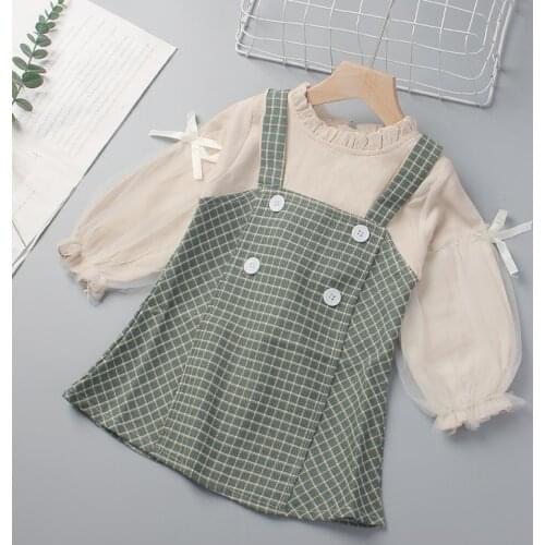 Girls Plaid Fashion Dresses Spring Autumn Kids Bow Suspenders Dress and Blouses 2pcs Suit Outfits Cute Children Clothing Sets