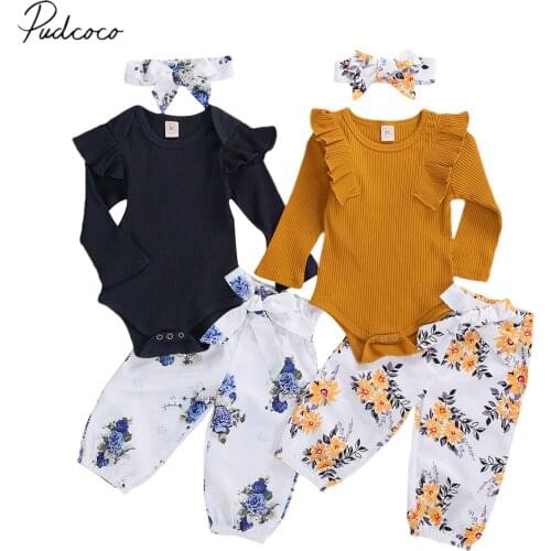 Infant Newborn Baby Girls Clothes Set, Toddler Long Sleeve O-neck Tops Ruffle + Floral Long Pants + Headband for Spring, Fall