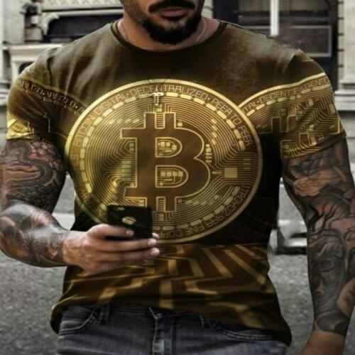 Mens 3D Bitcoin Printed T-shirt O-neck Short Sleeve T-shirt Urban Trend European and American Loose New Polyester Material