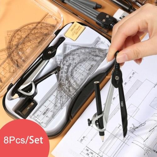 8Piece/Set Silver Compass Set Transparent Boxed Rubber Lead Compasses Plastic Ruler Student Drawing Supplies