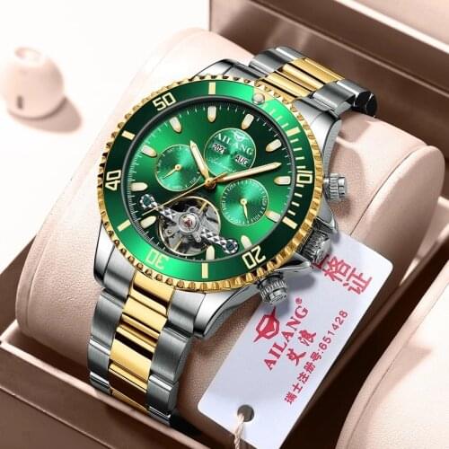 AILANG New Mens Product Watches Automatic Tourbillon Mechanical Hollow Binocular Calendar Luminous Waterproof Stainless Steel