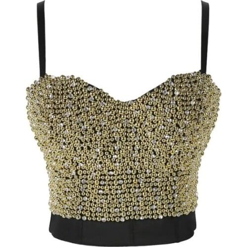 2020 New Arrivel Black Beading Push Up Corselets Vest Sexy Party Club Dancer Costume Womens Bra Cropped Tops Bralette Bustier