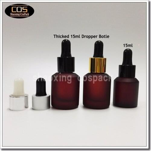 Wholesales 600pcs 15ml rose red frosted round essentical oil glass dropper bottle with gold ring and black top