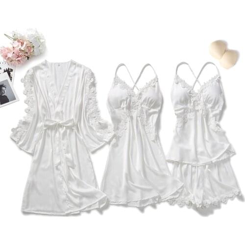 White Women Pajamas Sets 4 Pieces Satin Sleepwear Pijama Silk Home Wear Lace Chest Pads Spaghetti Strap Sleep Lounge Pyjama