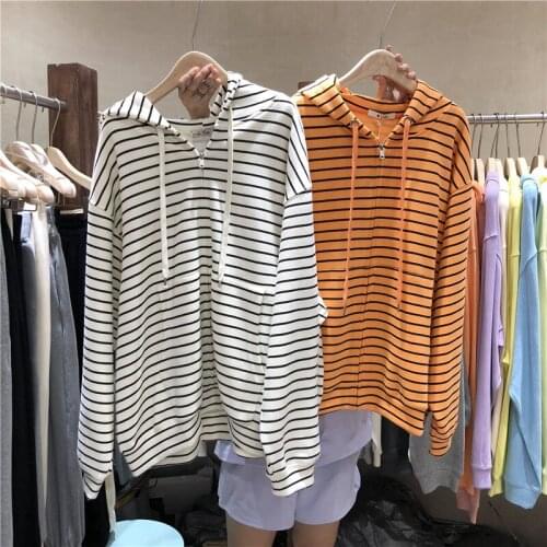 Striped Zip-Up Women Korean Style Hoodies Long Sleeve Oversized Hooded Sweatshirt Lady Casual Large Coats