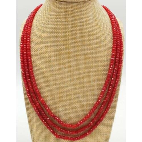 Pretty2x4mm Natural Red Ruby Gemstone Faceted Abacus Beads 3 Row Necklace