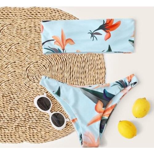 Sexy Flower Bandeau Bikinis 2021 Mujer Thong Swimwear Women Swimsuit Brazilian Two Piece Bikini Set Femme Bathing Suit Biquinis