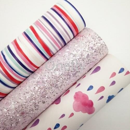 Onefly 21X29CM Pink Glitter Fabric, Cloud Printed Faux Leather Fabric Sheets For Bow DIY handbags shoes DQ036