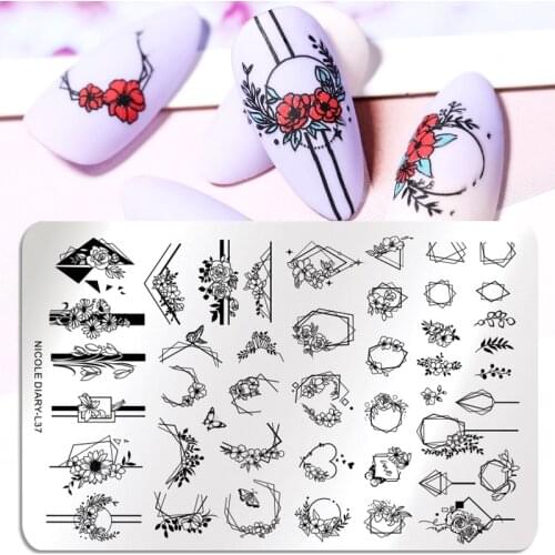 NICOLE DIARY Big Rectangle Nail Stamping Plates Valentines Day Heart Garland Stamp Templates Leaf Lines Printing Stencil Tools
