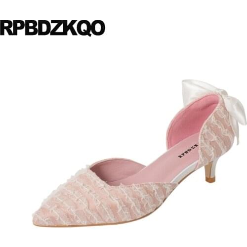Bridesmaid Lace Women Kawaii Low Heels Mesh Pumps Kitten Girls Bow Satin High Thin D'orsay Pink Wedding Shoes Cute Pointed Toe