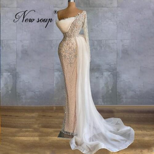 Ivory Full Beading Evening Dresses With One Shoulder 2021 Dubai Prom Dress Robe De Soiree Aibye Middle East Party Gowns Kaftans