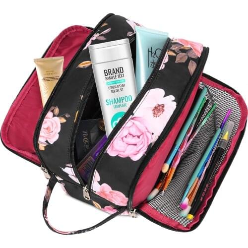High Quality Waterproof Nylon Cosmetic Bag Women Vintage Flower Double-Layers Big Capacity Multipockets Makeup Bag Neceser Mujer