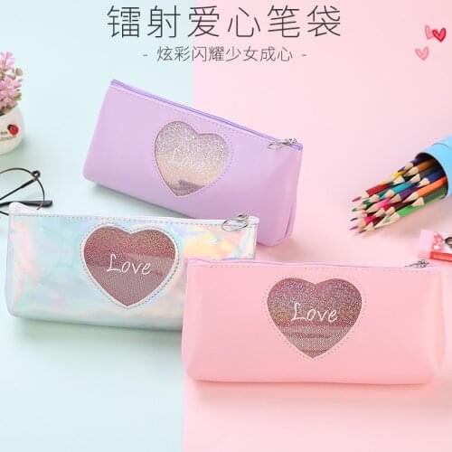 1 Pcs Kawaii Pu Pencil Case Laser love Estuches School Pencil Box Pencilcase Pencil Bag School Supplies Stationery
