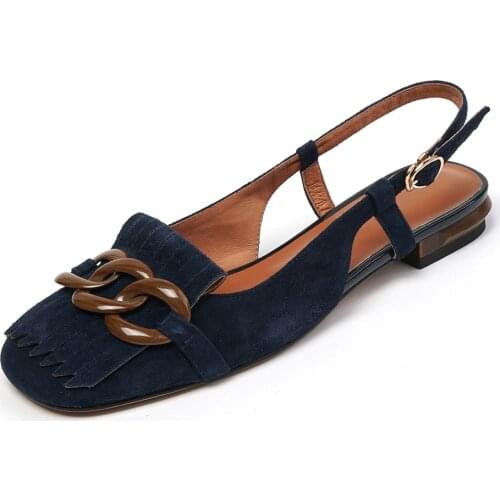 2021 Fashion Women Summer Shoes Woman Low Heels Genuine Leather Sandals Ladies Square Toes Flats Vintage Shoes Blue/Beige 33-40