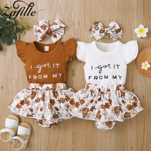 ZAFILLE Baby Girl Clothes Newborn Fly Sleeve Girl Bodysuit+PP Shorts Toddler Set Summer Brown Little Girl Clothes Set
