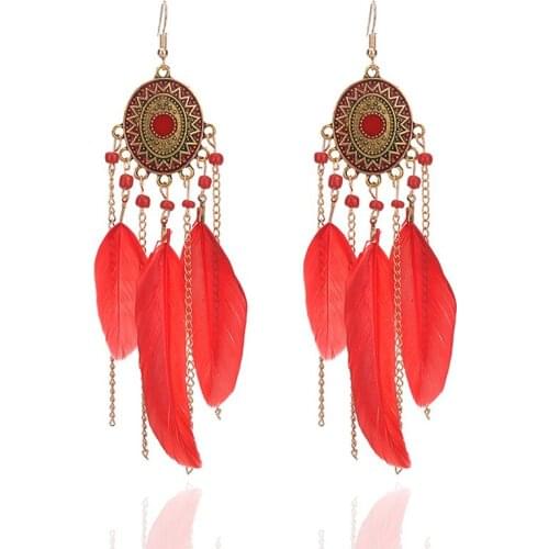 Ethnic Dream Catcher Leaf Feather Tassel Drop Earrings for Women Vintage Indian Beads Gold Color Long Pendant Earring Jewelry