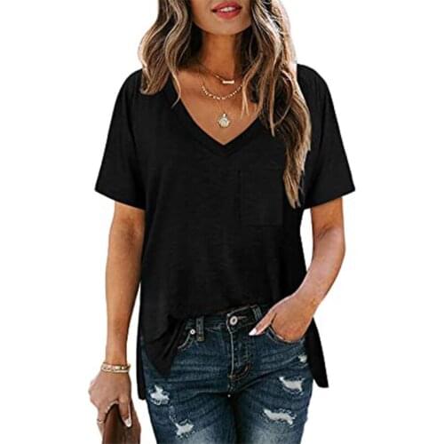 European And American Casual Solid Color Womens T-shirt Short-sleeved V-neck Pocket Hem Slit Tees Top