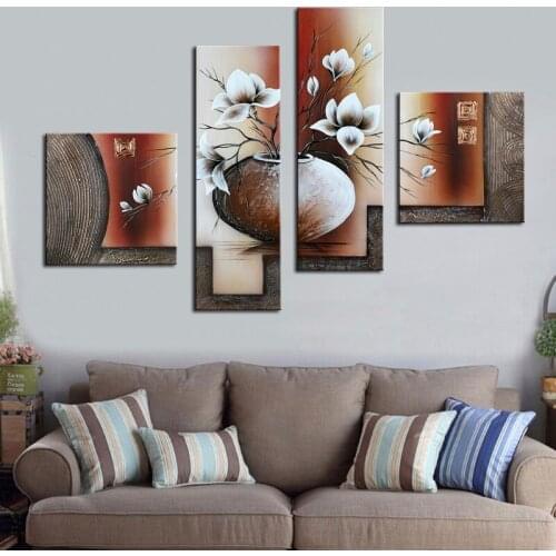 Cuadros Decoracion Beautiful Flower in Pot Hand Painted Oil Painting 4 Piece Canvas Art Home Decor Flower Painting Calligraphy