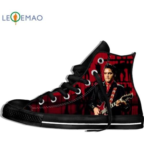 Classic Elvis Presley High Top Canvas Shoes Casual Lace-up Shoes For Ladies Autumn Female Canvas White Black Shoes White Black