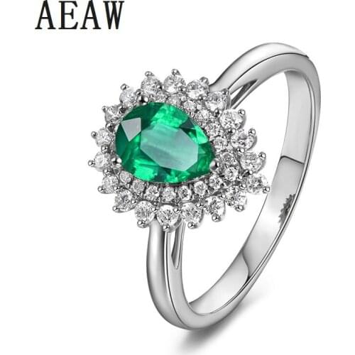 2.0CT Pear Shape Colombian Lab Created Emerald Cluster Engagement Ring Solitare with Moissanite Solid 14K White Gold for Women