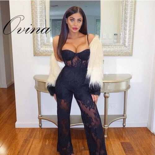 Black Khaki Solid Strap Sleeveless Lace Full Length Bodycon Bandage Jumpsuit Womens Rompers