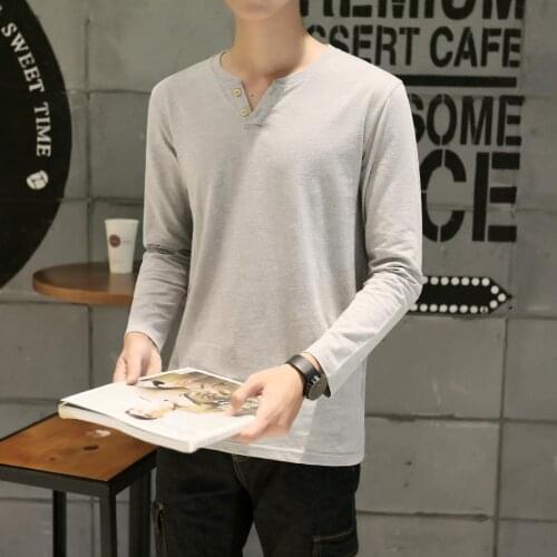Fashion Trend Autumn Long Sleeve Pure T-shirt V-neck Self-cultivation