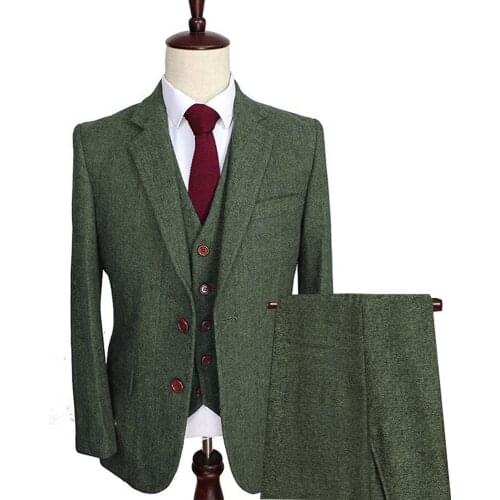 Mens Tweed Suits 3 Piece Wool Groom Wedding Formal Herringbone Tuxedo Business Tuxedos Blazer & Pants & Vest For Wedding